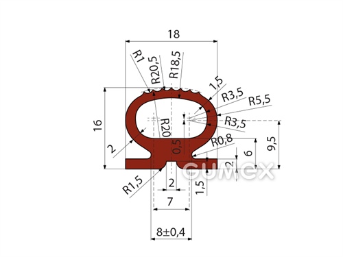 Geformtes Silikonprofil mit Loch, 16x18mm, 50°ShA, -60°C/+250°C, rotbraun, 